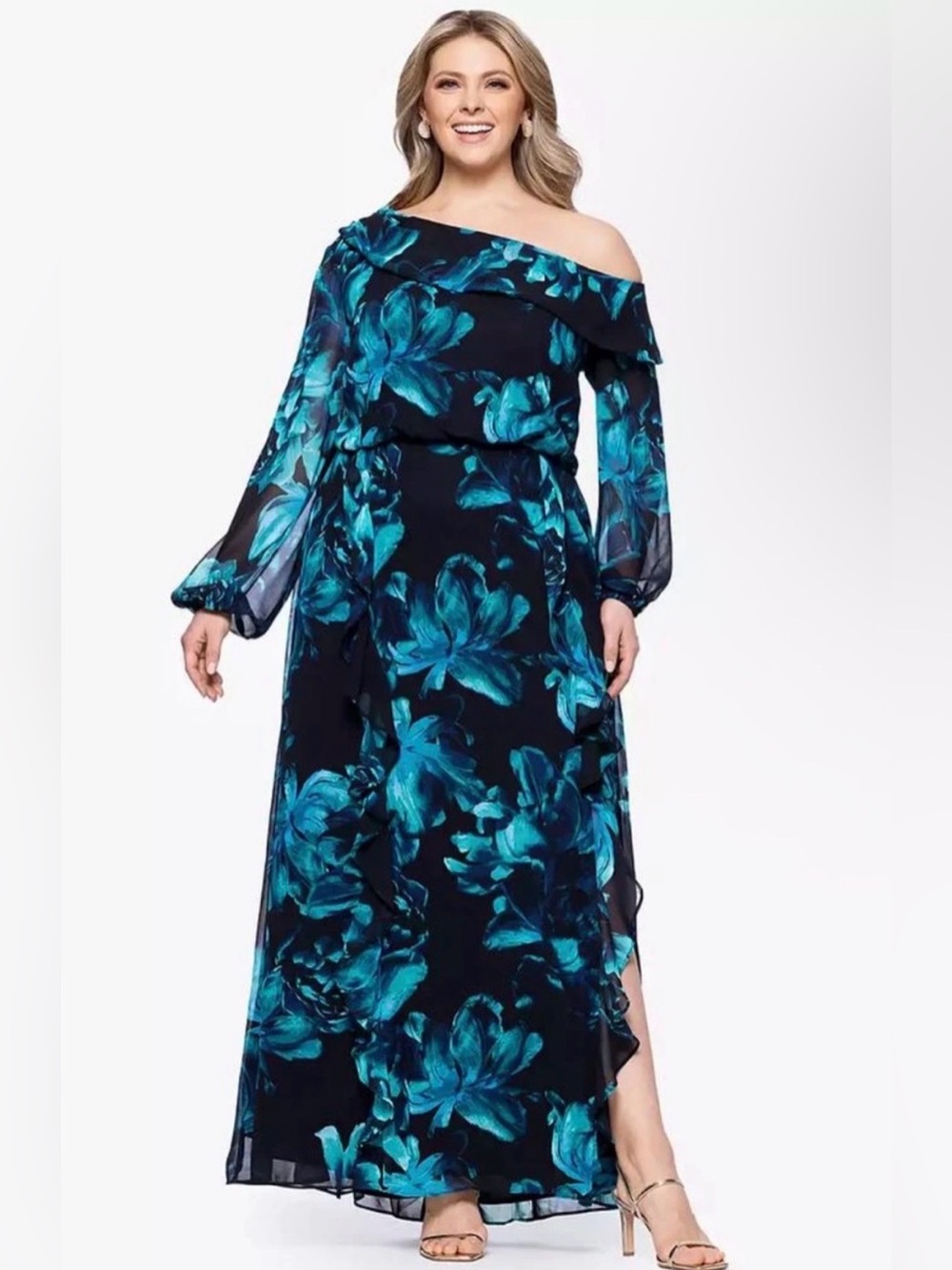 NWT Xscape Floral Asymmetrical-Neckline Maxi 14W